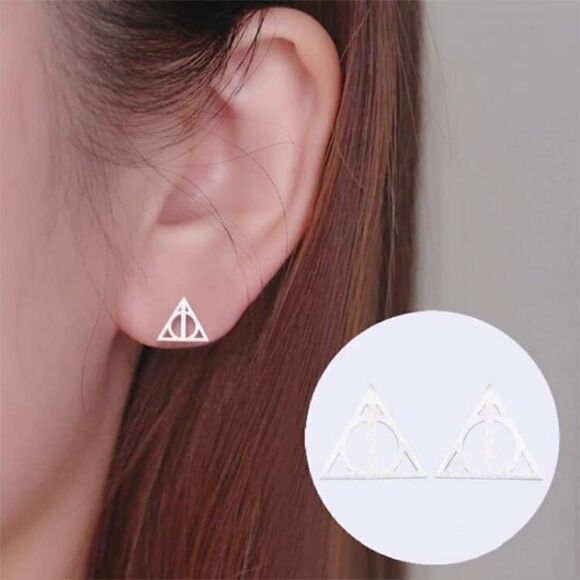SILVER Stainless Steel Deathly Hallows Earrings - Picture 2 of 8